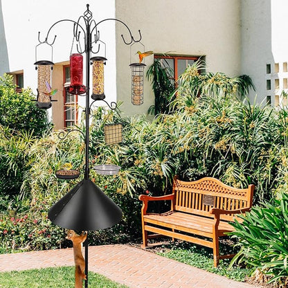 Bird Feeding Station Kit with Squirrel Baffle Bird Feeder Pole with Suet Cage Mesh Tray Fruit Hook Double W Hook for Attracting Wild Birds and Hanging Planter Hanger Lights