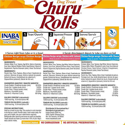 INABA Churu Rolls for Dogs, Grain-Free, Soft/Chewy Baked Chicken Wrapped Churu Filled Dog Treats, 0.42 Ounces Each Stick| 24 Stick Treats Total, 3 Flavor Variety Pack (24 Sticks)