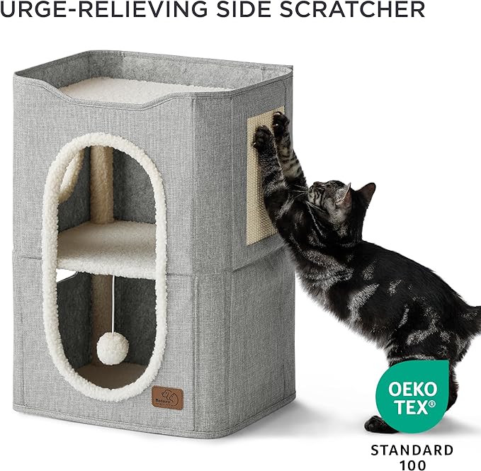 Bedsure 2 Story Cat House - Cat Condos for Indoor Cats with Scratch Pad and Fluffy Ball Hanging, Small Pet Cave Furniture Hideaway for Multi Pets, 18x14x23 inches, Grey