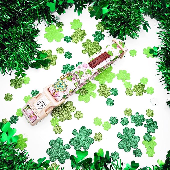 Elegant little tail St Patrick's Day Dog Collar-Cute Colver Cotton Shamrock Pet Collar Trefoil Pink Holiday Adjustable Cotton Pet Collar with Quick Release Buckle for Small Medium Large Dogs