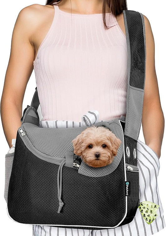 PetAmi Small Dog Sling Carrier, Soft-Sided Crossbody Puppy Carrying Purse Bag, Adjustable Sling Pet Pouch to Wear Medium Dog Cat Travel, Dog Bag for Traveling, Breathable, Poop Bag Dispenser, Black