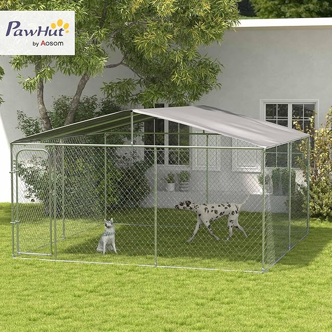 PawHut Large Dog Kennel Outside, Heavy Duty Dog Cage with Waterproof Cover, Outdoor Fence Dog Run with Galvanized Chain Link, Secure Lock, 13' x 13' x 7.5'