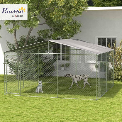 PawHut Large Dog Kennel Outside, Heavy Duty Dog Cage with Waterproof Cover, Outdoor Fence Dog Run with Galvanized Chain Link, Secure Lock, 13' x 13' x 7.5'