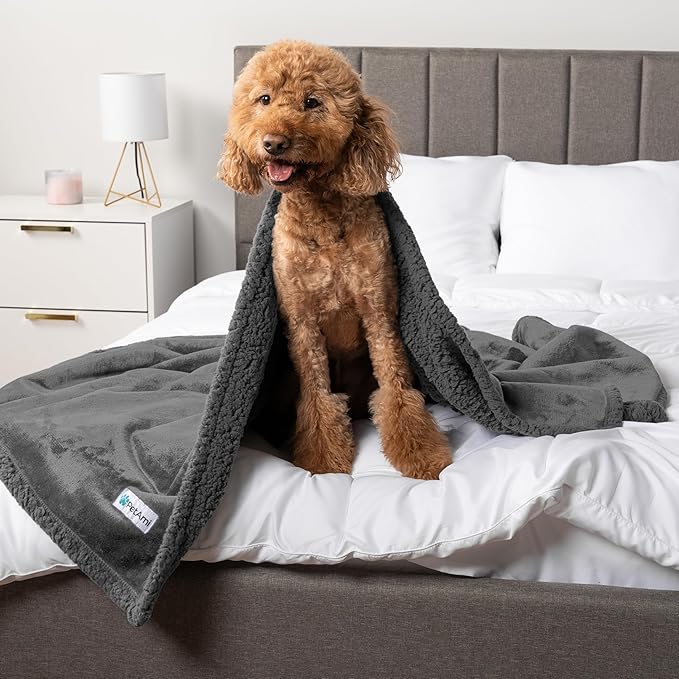 PetAmi Waterproof Dog Blanket for Bed, XL Dog Pet Blanket Couch Cover Protector, Sherpa Fleece Leakproof Blanket for Crate Kennel Sofa Furniture Queen Bed Protection Reversible Soft 90x90 Grey Grey