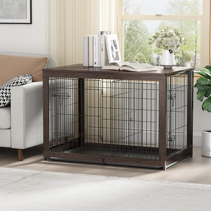 Piskyet Wooden Dog Crate Furniture with Divider Panel, Dog Crate End Table with Fixable Slide Tray, Double Doors Dog Kennel Indoor for Dogs(XL:43.2" L * 28.6" W * 30.3" H,Brown Walnut)