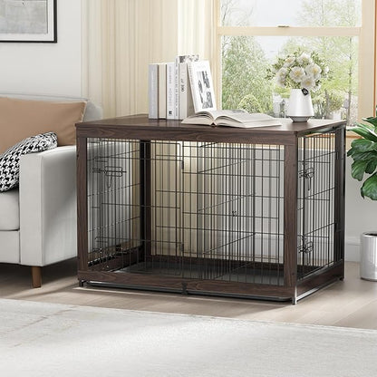 Piskyet Wooden Dog Crate Furniture with Divider Panel, Dog Crate End Table with Fixable Slide Tray, Double Doors Dog Kennel Indoor for Dogs(XL:43.2" L * 28.6" W * 30.3" H,Brown Walnut)