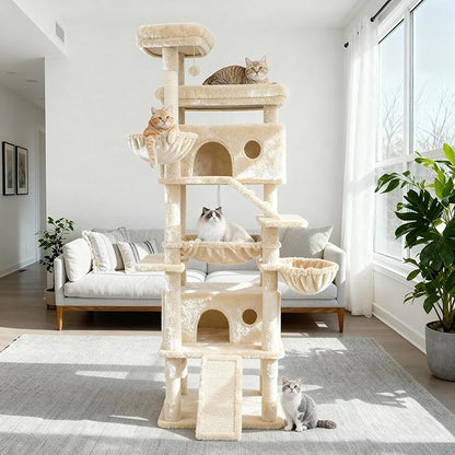 Cat Tree, 80-Inch Large Cat Tower with 9 Scratching Posts, 2 Perches, 2 Caves, 2 Basket, 2 Stairs, Extra Large Hammock, Pompoms, Multi-Level Plush Cat Condo for Indoor Cats/Beige