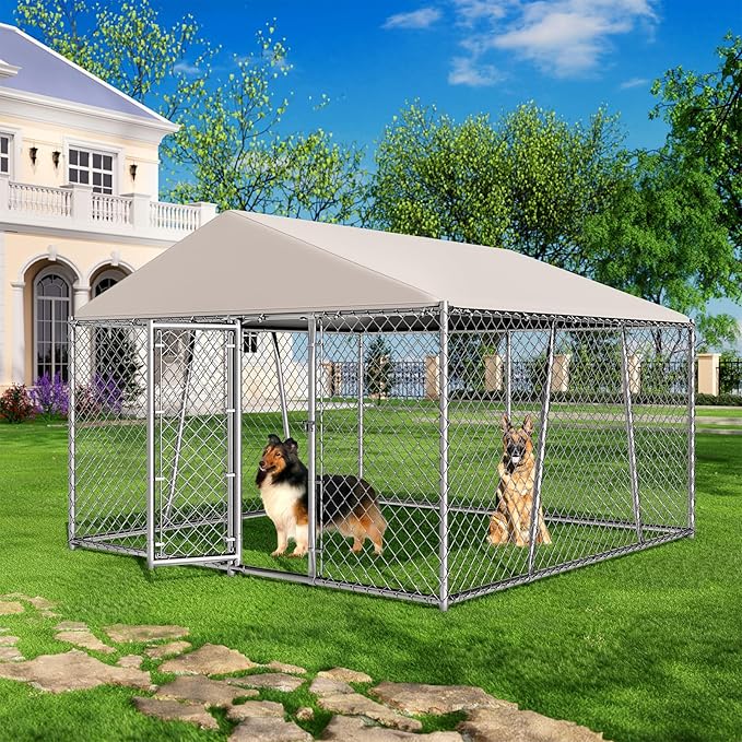 10 x 10FT Large Outdoor Dog Kennel with Roof, Dog Kennel Outside with Waterproof Cover, Galvanized Heavy Duty Chain Link Dog Runs Cage Playpen for Outside with Secure Lock