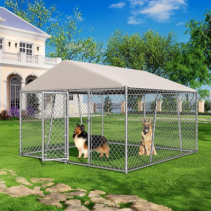 10 x 10FT Large Outdoor Dog Kennel with Roof, Dog Kennel Outside with Waterproof Cover, Galvanized Heavy Duty Chain Link Dog Runs Cage Playpen for Outside with Secure Lock