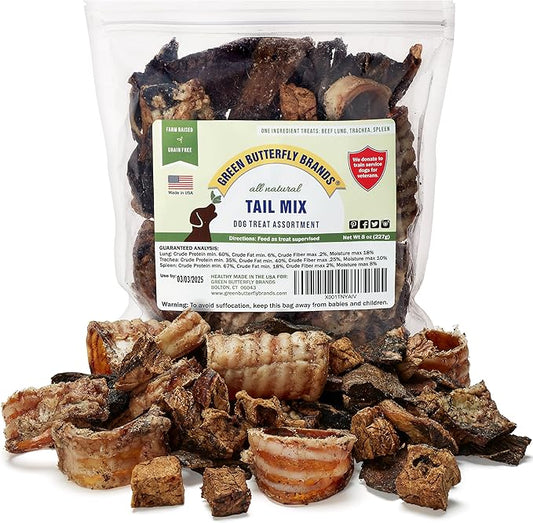 Tail Mix  Dog Treats Made in USA Only  All Natural Beef Bites  1 Ingredient Grain Free Assortment  Beef Lung, Trachea and Spleen  Dog Treats for Training, 8 Ounces