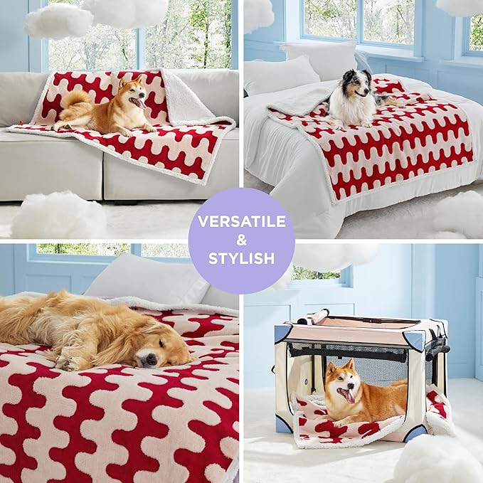 Lesure Waterproof Dog Blanket for Large Dogs - Washable Double Sided Dog Blankets with Warm Jacquard Shag and Soft Sherpa Fleece, Pet Cat Blanket for Couch Protection, 3D Textured Wave, Red
