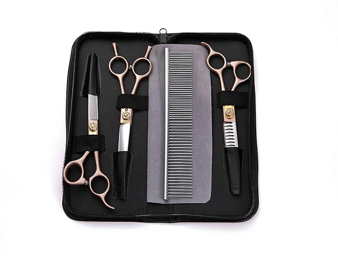7 Inch Professional Pet Grooming Scissor, 440C Japanese Steel Straight & Curved & Thinning & Chunker Shears/Scissors for Dog Cat and More Pets (7-inch-Grooming Scissors Set 02)