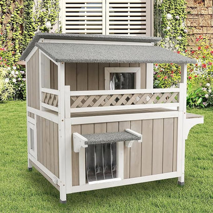 2-Story Outdoor Large Cat House with Patio, Weatherproof Wooden Feral Shelter for Indoor & Outdoor, Openable Roof, Escape Safe Doors, 2 PVC Door Strip, 2 Platforms