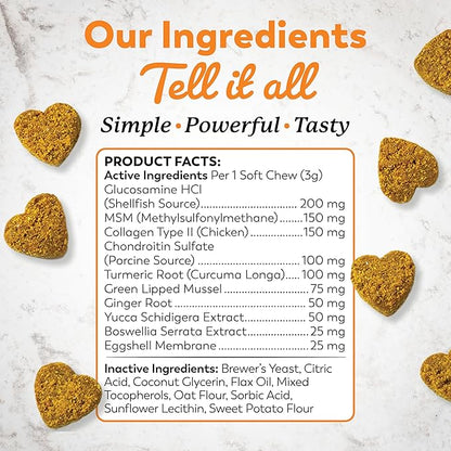 Dr. Harvey's Hip & Joint Soft Chews for Dogs, Daily Mobility Supplement Chewable Bites for Dogs with Glucosamine, Chondroitin & MSM, Green Lipped Mussel, Chicken Flavor (90 Chews)