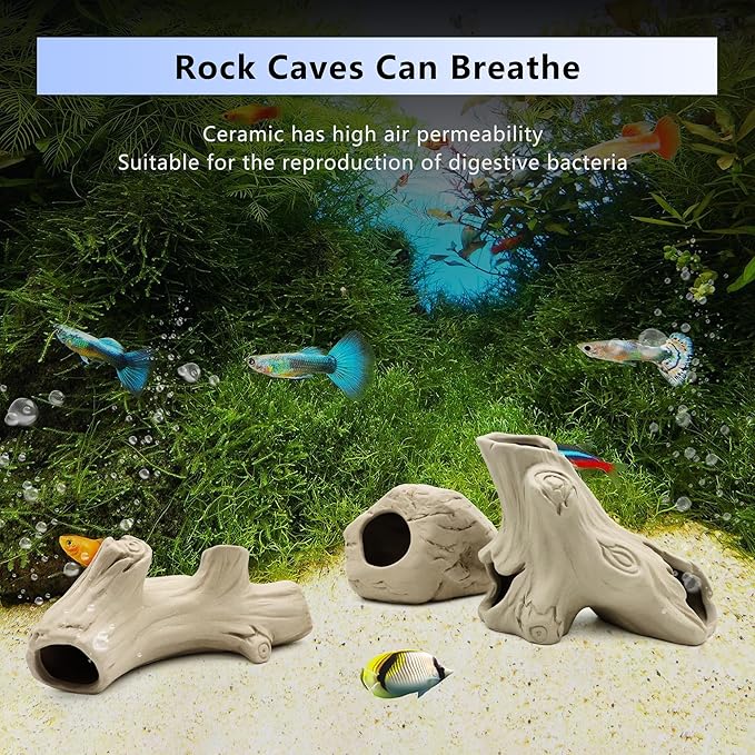 Aquarium Decorations Stackable Ceramic Artificial Stump Cave,Betta Fish Tank Accessories Hollow Tree Stump Decor 3-Piece Set