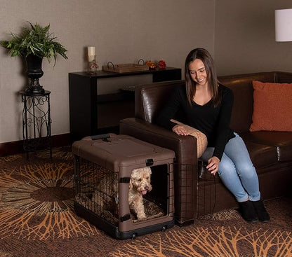 Pet Gear _he Other Door 4 Door Steel Crate for Dogs/Cats with Garage-Style Door, Includes Plush Bed + Travel Bag, No Tools Required, Espresso
