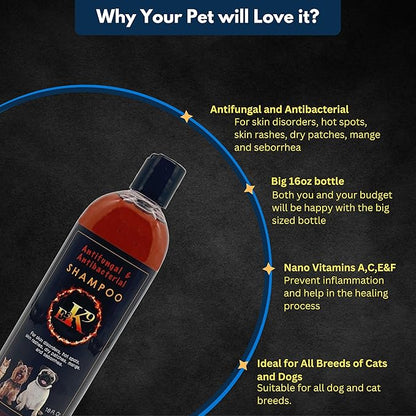 E3K9 Medicated Dog & Cat Shampoo - Antifungal & Itchy Skin Relief with Ketoc & Thymol - Hot Spot, Mange, Seborrhea Treatment - Antifungal Dog Shampoo for Yeast