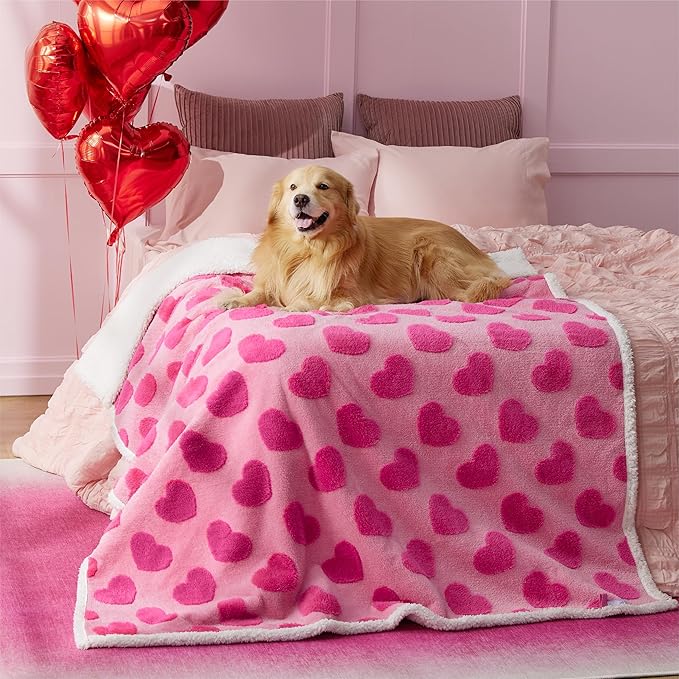 Lesure Waterproof Puppy Blanket for Large Dogs - Washable Double Sided Dog Blankets with Warm Jacquard Shag and Soft Sherpa Fleece, Pet Cat Blanket for Bed Protection, Love Pattern Design，Pink
