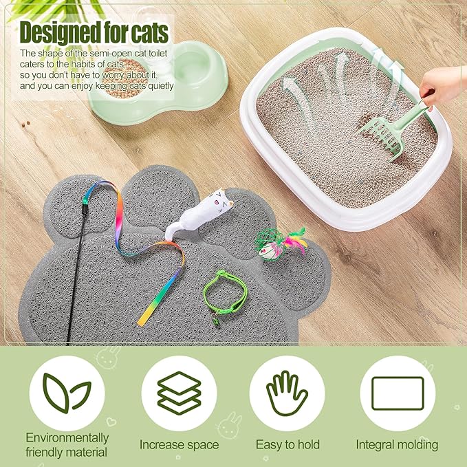 7 Pcs Small Cat Kitten Starter Kit Cat Litter Box with Shovel Paw Litter Mat Double Automatic Kitten Bowls Toy Teaser Stick Collar Essentials Kits for 1-3 Lbs Beginner(Stylish,Fresh Green)