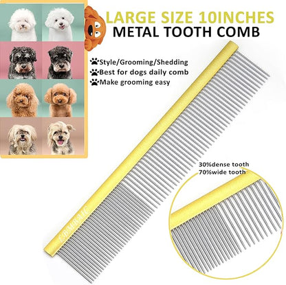 10inches Large Metal Dog Grooming Comb for Shedding Matted Hair for Large Dogs Metal Dog Comb with Long Wide Tooth for Poodles and Goldendoodles Reduce Tangles,Mats and Knots.(Gold)