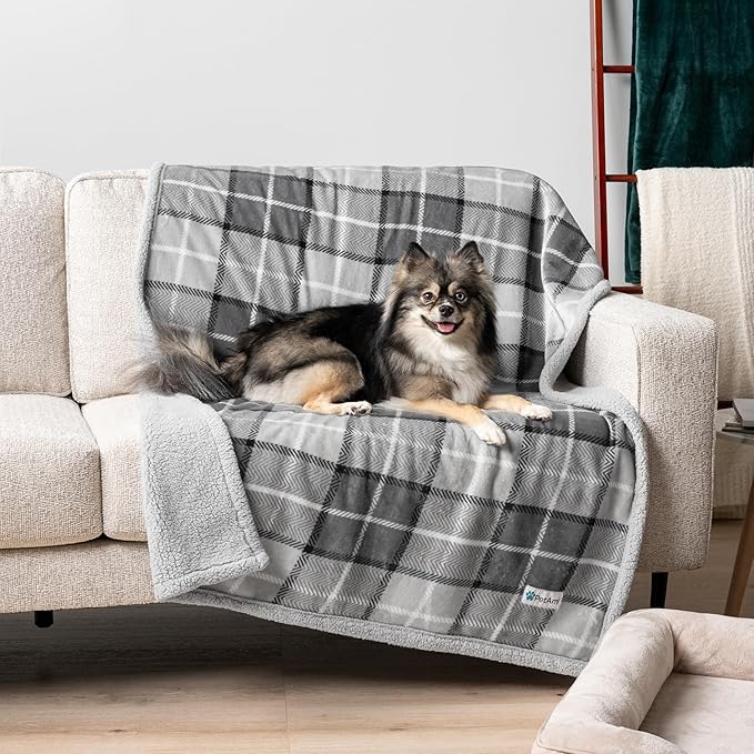PetAmi Waterproof Dog Blanket for Medium Large Dog Puppy Cat Throw for Couch Cover Leakproof Protection, Sherpa Fleece, Reversible Soft Washable 60x40 Plaid Light Gray