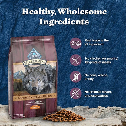 Blue Buffalo Wilderness Rocky Mountain Recipe High-Protein Large Breed Adult Dry Dog Food, Made in The USA with Natural Ingredients Plus Wholesome Grains, Bison, 22-lb. Bag