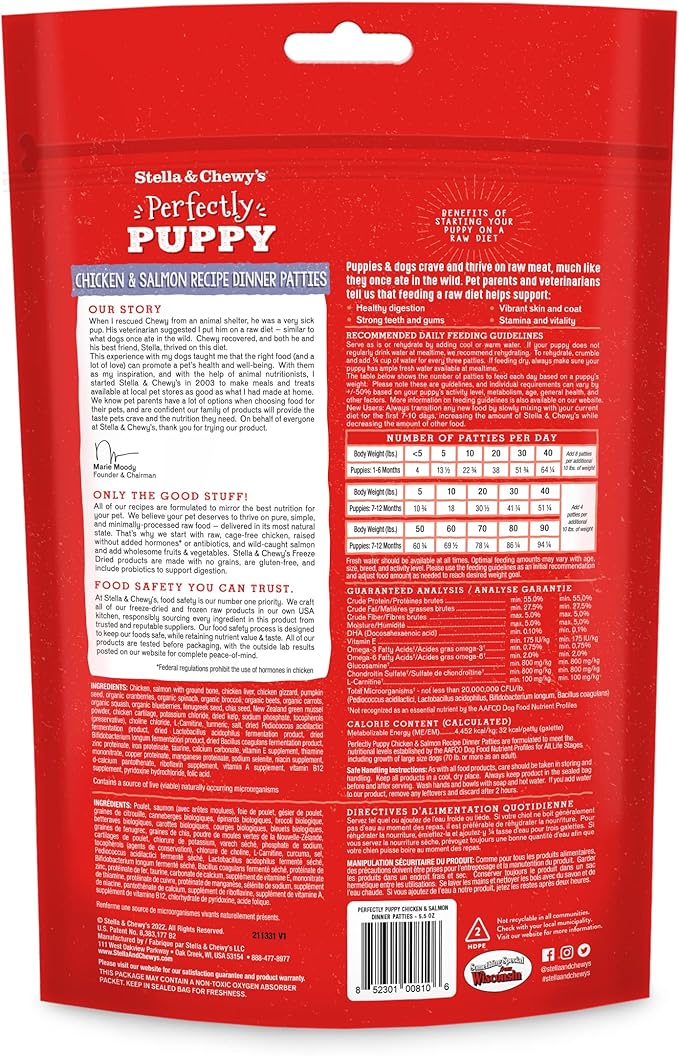 Stella & Chewy's Freeze Dried Raw Dinner Patties  Crafted for Puppies  Grain Free, Protein Rich Perfectly Puppy Chicken & Salmon Recipe  5.5 oz Bag