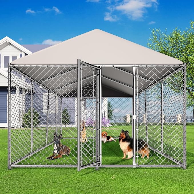 10 x 15FT Large Outdoor Dog Kennel with Roof, Dog Kennel Outside with Waterproof Cover, Galvanized Heavy Duty Chain Link Dog Runs Cage Playpen for Outside with Secure Lock