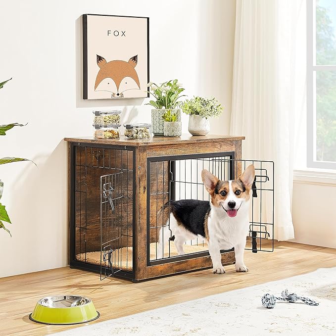 Yaheetech 27.5'' Dog Crate Furniture with Cushion Wooden Dog Crate with Double Doors/Adjustable Feet Side End Table for Small/Medium Dogs, 27.5" L x 20" W x 24" H