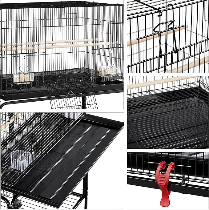 Yaheetech 47-inch Rolling Breeding Flight Bird Cages for Parakeets Budgies Finches Cockatiels Conures Lovebirds Canaries Parrots w/Detachable Stand, Black