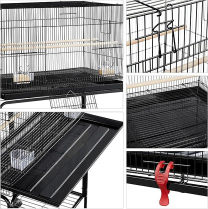 Yaheetech 47-inch Rolling Breeding Flight Bird Cages for Parakeets Budgies Finches Cockatiels Conures Lovebirds Canaries Parrots w/Detachable Stand, Black