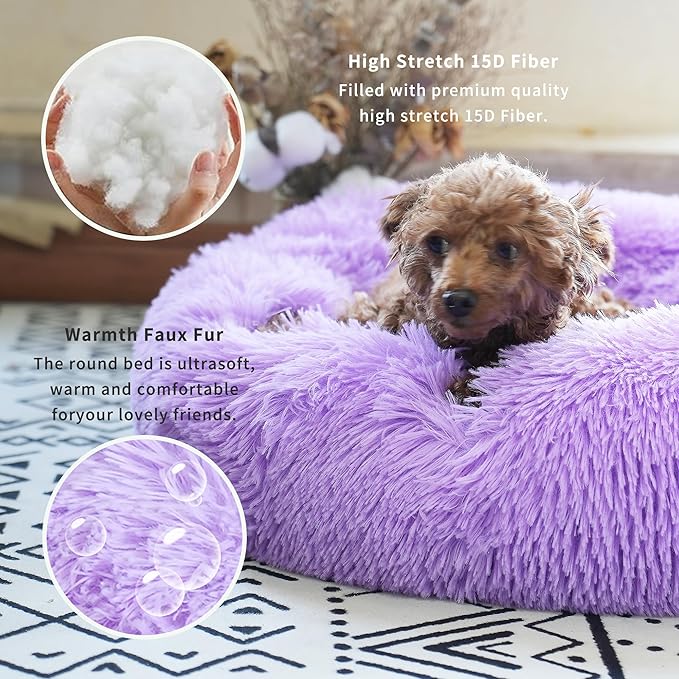 Purple Dog Bed for Small Dogs 19 Inch Donut Cuddler Plush Cat Calming Bed with Machine Washable, Non-Slip Fluffy Dog & Cat Calming Cushion Bed for Joint-Relief and Sleep Improvement