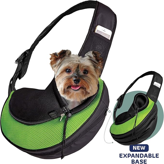 Expandable Pet Carrier Sling Bag - Small Dog, Puppy and Cat Carrier Front Shoulder Backpack w/Harness Strap - Carrying Pouch for ESA, Animal Travel - PU Leather Bottom, Mesh Pocket by Katziela (Green)