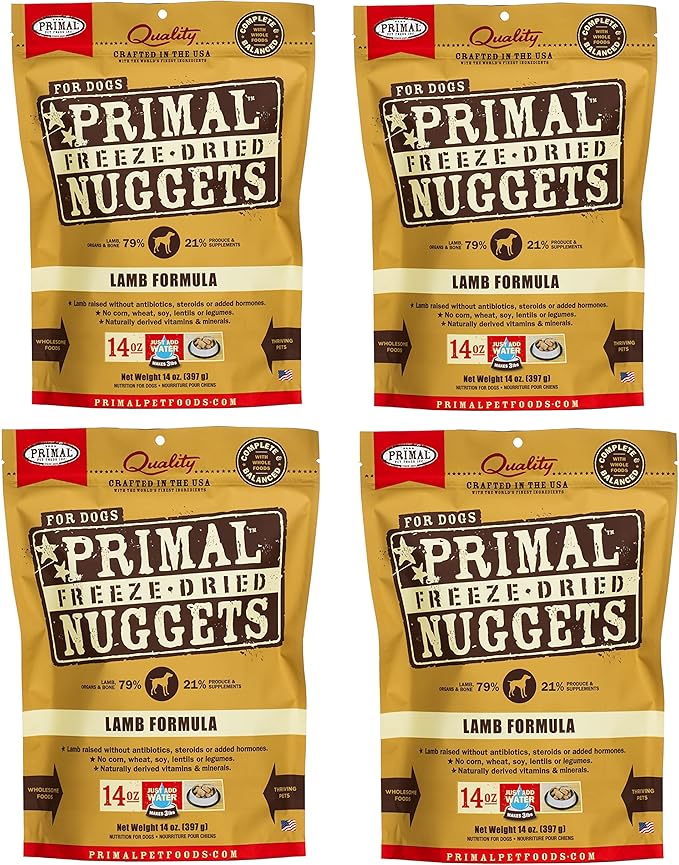 Primal Freeze Dried Raw Dog Food Nuggets, Lamb, Complete & Balanced Meal, Also Use as Topper or Treat, Premium, Healthy, Grain Free, High Protein Raw Dog Food, 14 oz (Pack of 4)