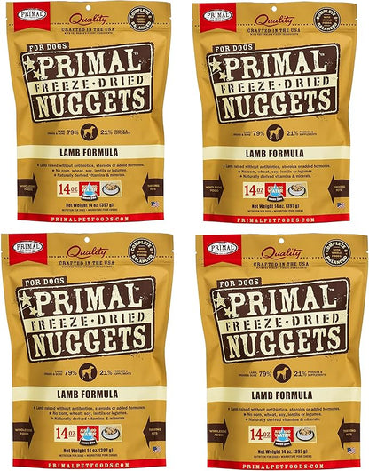 Primal Freeze Dried Raw Dog Food Nuggets, Lamb, Complete & Balanced Meal, Also Use as Topper or Treat, Premium, Healthy, Grain Free, High Protein Raw Dog Food, 14 oz (Pack of 4)