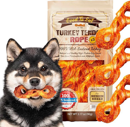 Gootoe Turkey Tendon Dog Treats  100% USA-Sourced, Natural Snack, Premium Training Chews, Hypoallergenic, Reseal Value Bags, Size for Medium Dogs, Rope (Medium) 3 Unit/Pack