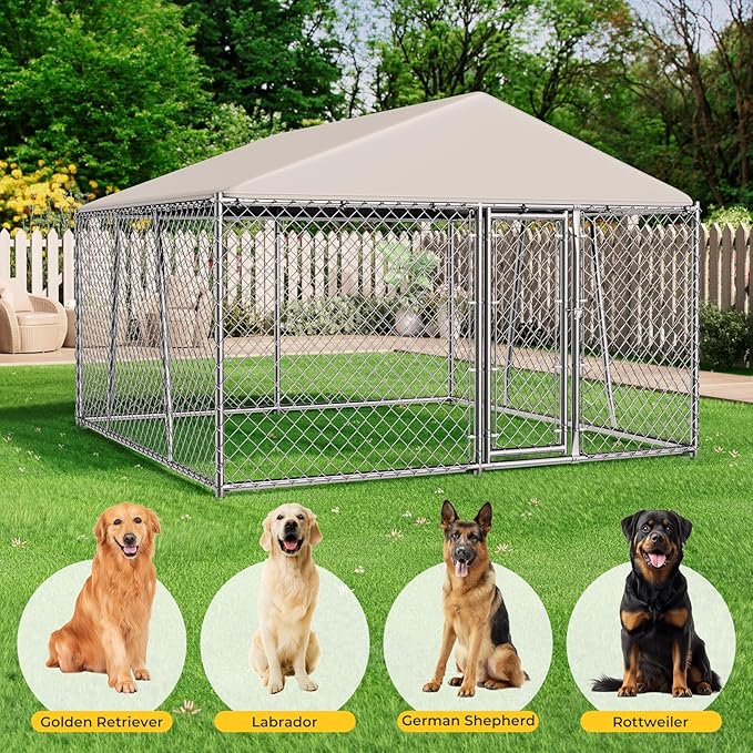 10 x 10FT Large Outdoor Dog Kennel with Roof, Dog Kennel Outside with Waterproof Cover, Galvanized Heavy Duty Chain Link Dog Runs Cage Playpen for Outside with Secure Lock