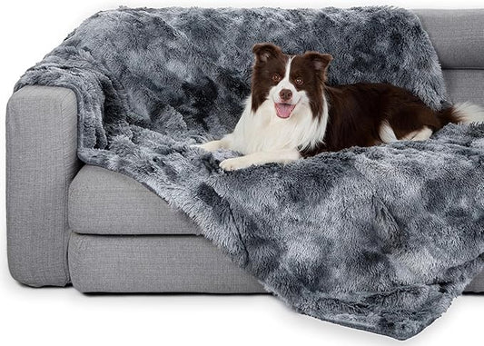 gogobunny Waterproof Dog Blankets for Medium Large Dogs, Soft Fluffy Long Faux Fur Calming Cat Blanket for Couch Bed, Warm Flannel Washable Furniture Protector (33x77 Inch (Pack of 1), Tie-dye Grey)