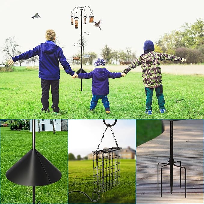 6-Hook Bird Feeding Station, Steel Multi-Feeder Kit Stand for Attracting Wild Birds w/ 4 Bird Feeders, Bird Bath, Mesh Tray and Squirrel Guard Baffle，94 Inch
