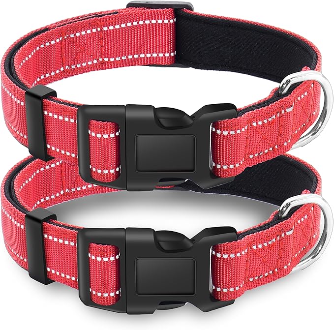 2 Pack Reflective Dog Collar with Safety Locking Buckle, Adjustable Soft Breathable Comfortable Nylon Pet Collar for Small, Medium and Large Dogs, Red, M