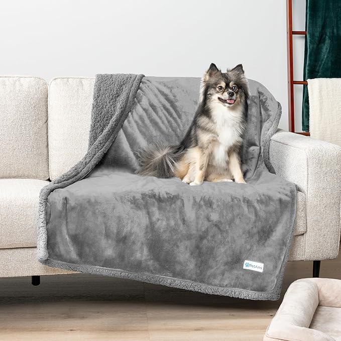 PetAmi WATERPROOF Dog Blanket for Medium Large Dog, Pet Puppy Blanket Couch Cover Protection, Sherpa Fleece Cat Blanket, Sofa Bed Furniture Protector Reversible Soft Plush Washable 60x40 Light Grey