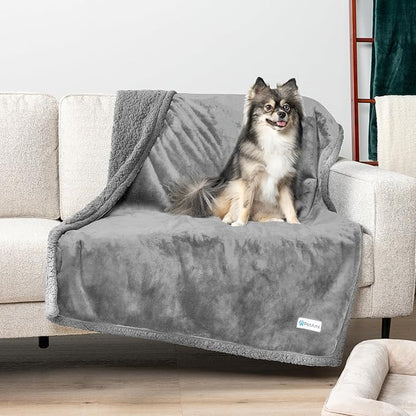 PetAmi WATERPROOF Dog Blanket for Medium Large Dog, Pet Puppy Blanket Couch Cover Protection, Sherpa Fleece Cat Blanket, Sofa Bed Furniture Protector Reversible Soft Plush Washable 60x40 Light Grey