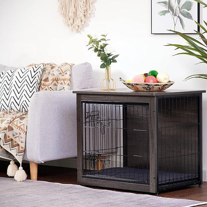 DWANTON Dog Crate Furniture with Cushion, Wooden Kennel Table with Double Doors, Indoor Dog House, Small/Medium/Large/Extra Large Size, 27.2" L, Dark Gray