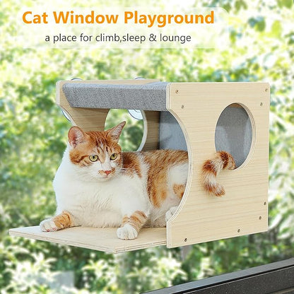 Window Cat Perch Shelves for Inside, Sturdy Wood Climbing Seat Mounted with Heavy Duty Suction Cups, Corner Window Bed for Overlooking and Sleeping(Left)