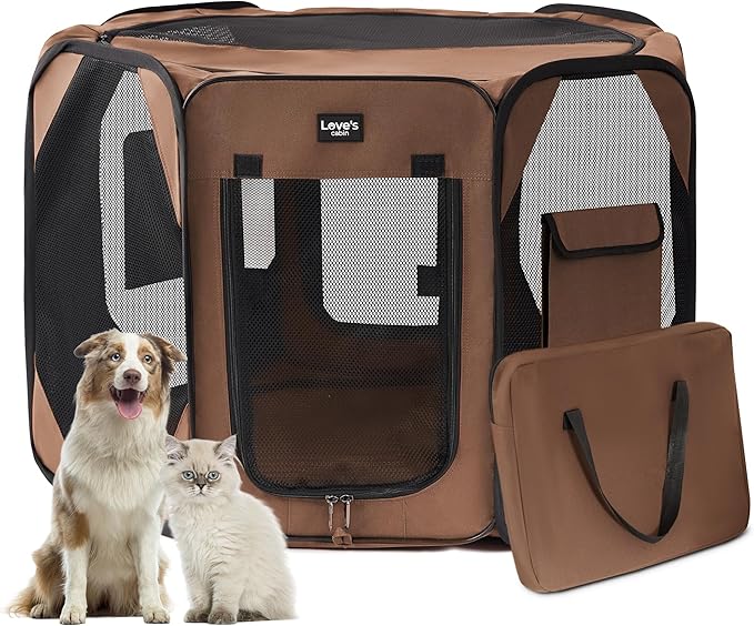 Love's cabin Pet Puppy Dog Playpen, Small Dog Tent Crates Cage Indoor/Outdoor, Portable Playpen for Cat, Foldable Pop Up Dog Kennel Playpen with Carring Case, Brown