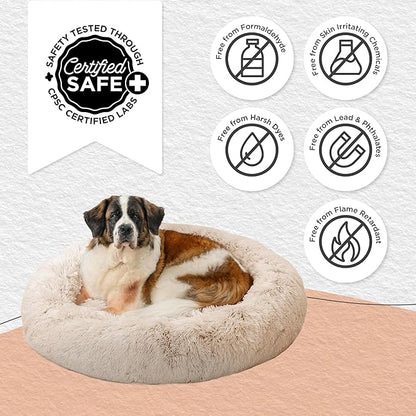 Best Friends by Sheri Original Calming Donut Dog and Cat Bed, Shag Faux Fur, Taupe, XL (45in x 45in) - Anxiety Relief for Pets Up to 150 lbs