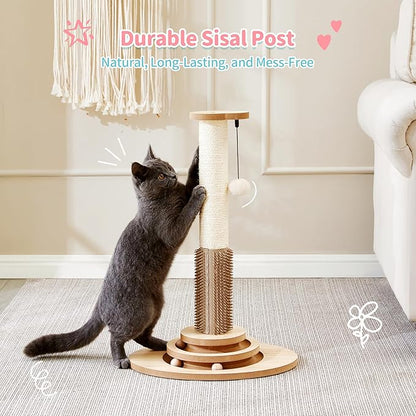 Made4Pets Cat Scratching Post, 23" Tall Sisal Cat Scratcher Post with Self Groomer, 4-in-1 Interactive Trackball Toys with Hair Brush, Vertical Cat Climbing Tree with Dangling Plush Balls