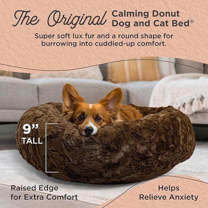 Best Friends by Sheri Original Calming Donut Dog and Cat Bed, Lux Faux Fur, Dark Brown, (30in x 30in) - Anxiety Relief for Pets Up to 45 lbs