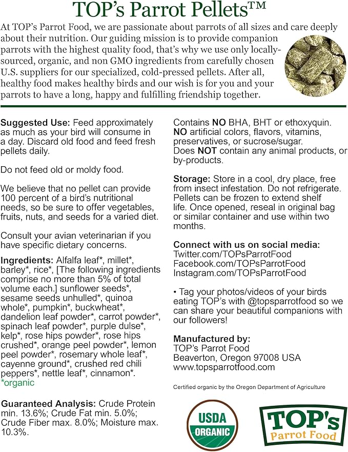 TOP's Parrot Food Mini Pellets Bird Food for Budgies, Cockatiels, Parrotlets, Lovebirds, Parakeets - USDA Certified Organic - 25 lbs