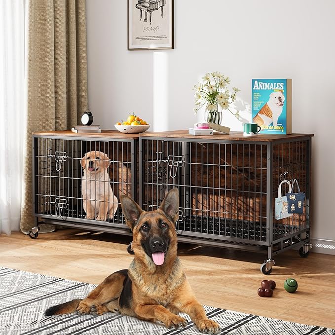 Dog Crate Furniture, 27.2" Wooden Dog Crate with Double Doors & Wheels, Upgraded Small Kennel End Table, Indoor Cage for Small/Medium/Large Dog, Rustic Brown